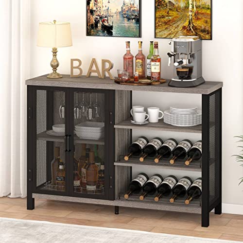BON AUGURE Multi-Functional Coffee Bar Cabinet with Industrial 5 Tier Bookcase for Home Office (Dark Gray Oak)