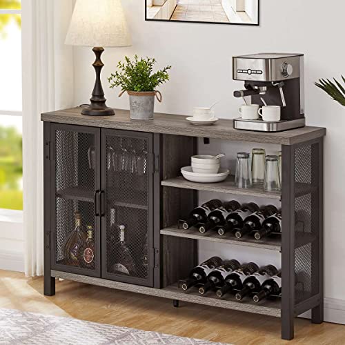 BON AUGURE Multi-Functional Coffee Bar Cabinet with Industrial 5 Tier Bookcase for Home Office (Dark Gray Oak)