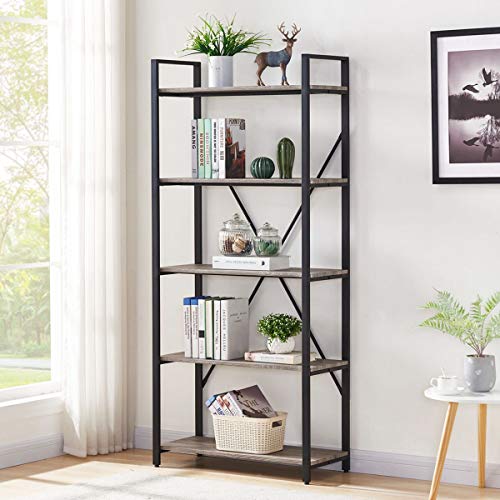 BON AUGURE Multi-Functional Coffee Bar Cabinet with Industrial 5 Tier Bookcase for Home Office (Dark Gray Oak)