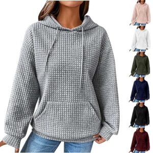 sweatshirts women oversized hoodie for women long sleeve drawstring pullover top waffle knit sweatshirt with pocket fashion fall clothes gray l,clearance items under 5 dollars