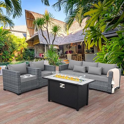 Outdoor Furniture Sets Patio Couch Outdoor Chairs 60000 BTU Propane Fire Pit 4 Pcs Patio Furniture Set 45In Fire Pit Table with No-Slip Cushions and Waterproof Covers, Grey