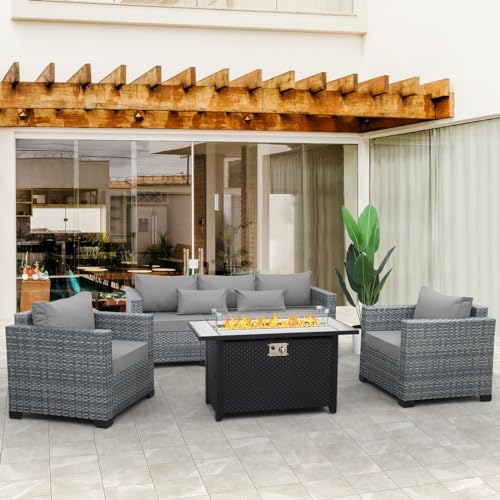 Outdoor Furniture Sets Patio Couch Outdoor Chairs 60000 BTU Propane Fire Pit 4 Pcs Patio Furniture Set 45In Fire Pit Table with No-Slip Cushions and Waterproof Covers, Grey