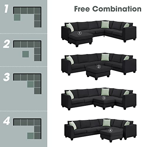 FIQHOME 7-Seat Reversible Chaise, L Shaped Ottoman, Living Room, Modular Sectional Fabric Sofa Corner Couch Set with 3 Pillows, Black