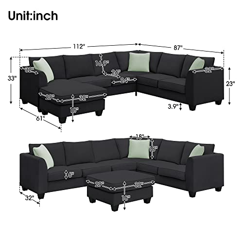 FIQHOME 7-Seat Reversible Chaise, L Shaped Ottoman, Living Room, Modular Sectional Fabric Sofa Corner Couch Set with 3 Pillows, Black