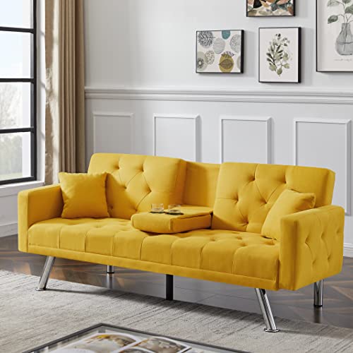 Eafurn Linen Upholstered Convertible Folding Futon Bed, Button Tufted Loveseat Compact Living Space, Apartment, Dorm, Bonus Room w/Metal Legs, 2 Cupholders,Comfy Sofa & Couches, Yellow 75.59"