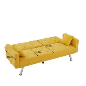 Eafurn Linen Upholstered Convertible Folding Futon Bed, Button Tufted Loveseat Compact Living Space, Apartment, Dorm, Bonus Room w/Metal Legs, 2 Cupholders,Comfy Sofa & Couches, Yellow 75.59"