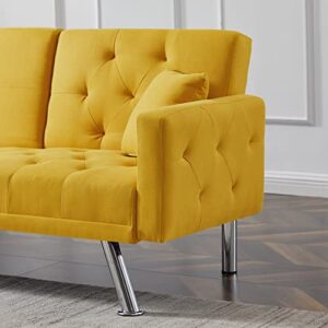 Eafurn Linen Upholstered Convertible Folding Futon Bed, Button Tufted Loveseat Compact Living Space, Apartment, Dorm, Bonus Room w/Metal Legs, 2 Cupholders,Comfy Sofa & Couches, Yellow 75.59"