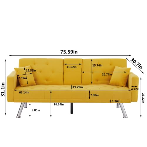 Eafurn Linen Upholstered Convertible Folding Futon Bed, Button Tufted Loveseat Compact Living Space, Apartment, Dorm, Bonus Room w/Metal Legs, 2 Cupholders,Comfy Sofa & Couches, Yellow 75.59"