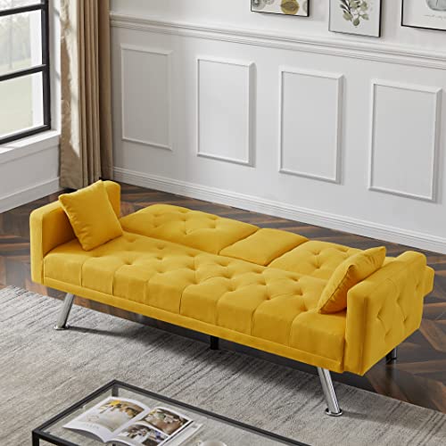 Eafurn Linen Upholstered Convertible Folding Futon Bed, Button Tufted Loveseat Compact Living Space, Apartment, Dorm, Bonus Room w/Metal Legs, 2 Cupholders,Comfy Sofa & Couches, Yellow 75.59"