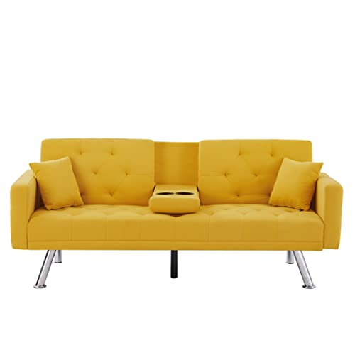 Eafurn Linen Upholstered Convertible Folding Futon Bed, Button Tufted Loveseat Compact Living Space, Apartment, Dorm, Bonus Room w/Metal Legs, 2 Cupholders,Comfy Sofa & Couches, Yellow 75.59"