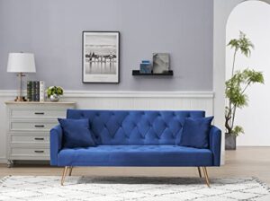 eafurn comfy velvet upholstered futon foldable daybed bed for sleep overs, convertible sleeper loveseat with 2 pillows, 71" tufted sofa & couches with golden metal legs for compact living space, blue