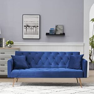 Eafurn Comfy Velvet Upholstered Futon Foldable Daybed Bed for Sleep Overs, Convertible Sleeper Loveseat with 2 Pillows, 71" Tufted Sofa & Couches with Golden Metal Legs for Compact Living Space, Blue