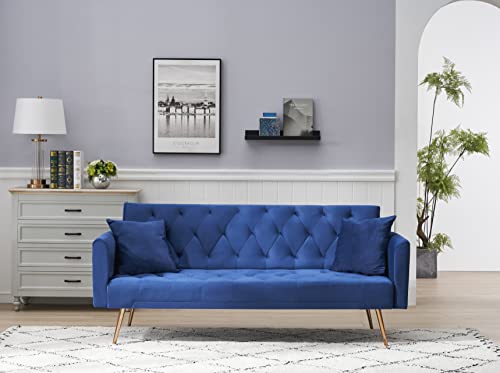 Eafurn Comfy Velvet Upholstered Futon Foldable Daybed Bed for Sleep Overs, Convertible Sleeper Loveseat with 2 Pillows, 71" Tufted Sofa & Couches with Golden Metal Legs for Compact Living Space, Blue