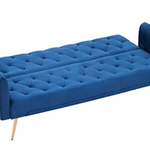 Eafurn Comfy Velvet Upholstered Futon Foldable Daybed Bed for Sleep Overs, Convertible Sleeper Loveseat with 2 Pillows, 71" Tufted Sofa & Couches with Golden Metal Legs for Compact Living Space, Blue