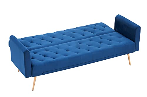 Eafurn Comfy Velvet Upholstered Futon Foldable Daybed Bed for Sleep Overs, Convertible Sleeper Loveseat with 2 Pillows, 71" Tufted Sofa & Couches with Golden Metal Legs for Compact Living Space, Blue