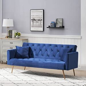 Eafurn Comfy Velvet Upholstered Futon Foldable Daybed Bed for Sleep Overs, Convertible Sleeper Loveseat with 2 Pillows, 71" Tufted Sofa & Couches with Golden Metal Legs for Compact Living Space, Blue