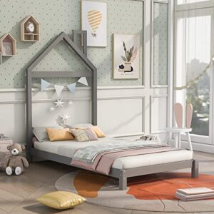 biadnbz twin size platform bed frame with house-shaped headboard for kids boys girls bedroom, wooden slats support, no box spring needed, gray
