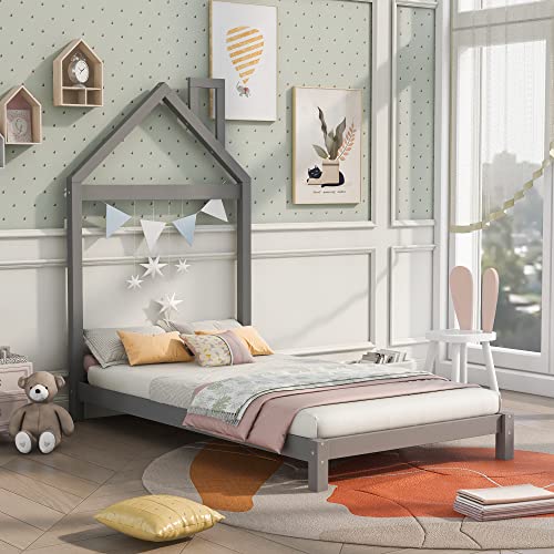 BIADNBZ Twin Size Platform Bed Frame with House-Shaped Headboard for Kids Boys Girls Bedroom, Wooden Slats Support, No Box Spring Needed, Gray