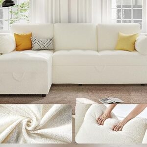VanAcc Pull Out Sofa Bed, Modern Tufted Convertible Sleeper Sofa, Boucle Sleeper Sectional Couch Bed with Storage Chaise, L Shaped Sofa Couch for Living Room (White)