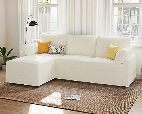 VanAcc Pull Out Sofa Bed, Modern Tufted Convertible Sleeper Sofa, Boucle Sleeper Sectional Couch Bed with Storage Chaise, L Shaped Sofa Couch for Living Room (White)