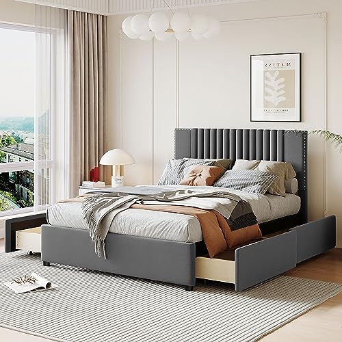 SIYSNKSI Full Size Upholstered Platform Bed with Classic Headboard and 4 Drawers, Linen Fabric Platform Bed Frame, Wood Storage Platform Bed for Kids Teens Adult Bedroom (Gray + Linen 79)