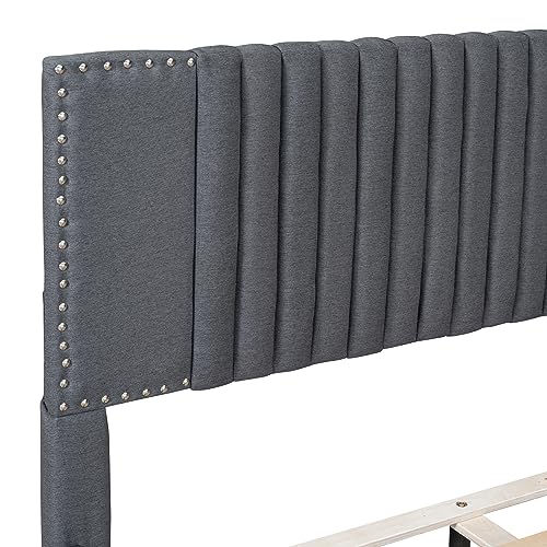 SIYSNKSI Full Size Upholstered Platform Bed with Classic Headboard and 4 Drawers, Linen Fabric Platform Bed Frame, Wood Storage Platform Bed for Kids Teens Adult Bedroom (Gray + Linen 79)