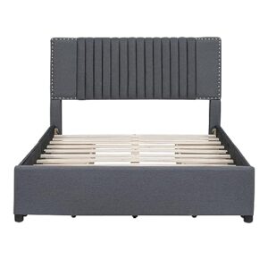 SIYSNKSI Full Size Upholstered Platform Bed with Classic Headboard and 4 Drawers, Linen Fabric Platform Bed Frame, Wood Storage Platform Bed for Kids Teens Adult Bedroom (Gray + Linen 79)