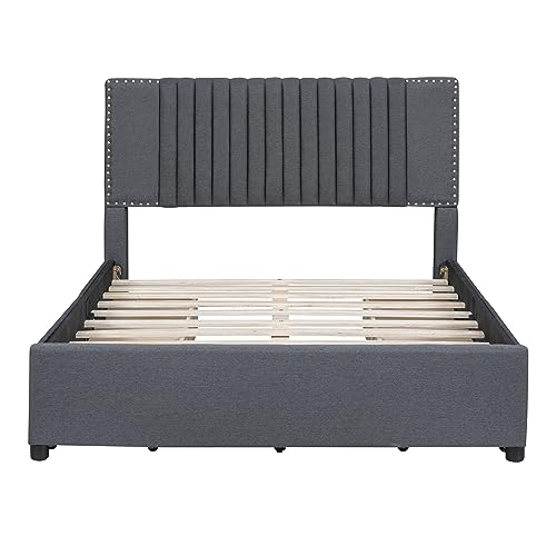 SIYSNKSI Full Size Upholstered Platform Bed with Classic Headboard and 4 Drawers, Linen Fabric Platform Bed Frame, Wood Storage Platform Bed for Kids Teens Adult Bedroom (Gray + Linen 79)