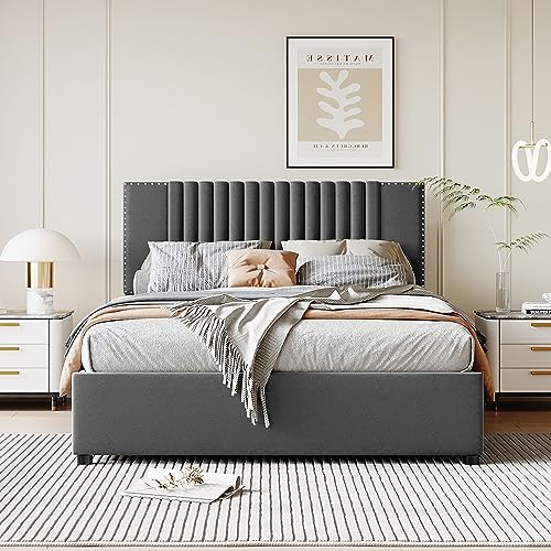 SIYSNKSI Full Size Upholstered Platform Bed with Classic Headboard and 4 Drawers, Linen Fabric Platform Bed Frame, Wood Storage Platform Bed for Kids Teens Adult Bedroom (Gray + Linen 79)