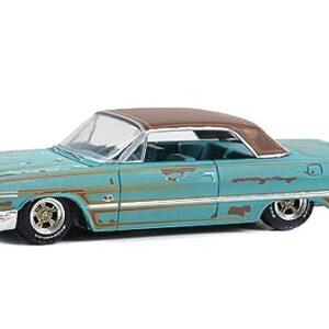 1963 Chevy Impala Lowrider Teal Patina (Rusted) with Brown Top and Teal Interior California Lowriders Series 3 1/64 Diecast Model Car by Greenlight 63040B