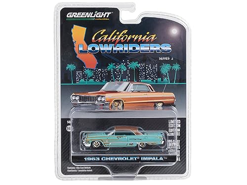 1963 Chevy Impala Lowrider Teal Patina (Rusted) with Brown Top and Teal Interior California Lowriders Series 3 1/64 Diecast Model Car by Greenlight 63040B