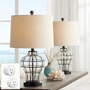 360 lighting hudson 23" high small modern accent table lamps set of 2 wifi smart socket dark bronze clear metal glass living room bedroom bedside nightstand house office reading fabric shade