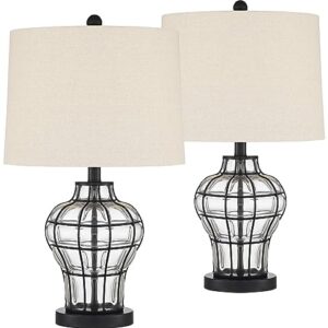 360 Lighting Hudson 23" High Small Modern Accent Table Lamps Set of 2 WiFi Smart Socket Dark Bronze Clear Metal Glass Living Room Bedroom Bedside Nightstand House Office Reading Fabric Shade