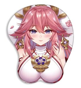 mice pad genshin impact cute yea-miko anime mouse pad with wrist rest support 3d oppai silicone gel desk mat ergonomics mousepads (pink)