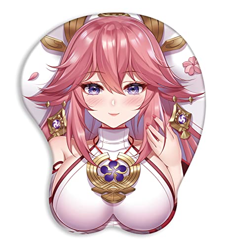 Mice Pad Genshin Impact Cute Yea-Miko Anime Mouse Pad with Wrist Rest Support 3D Oppai Silicone Gel Desk Mat Ergonomics Mousepads (Pink)