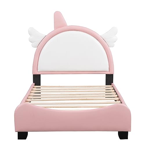 Epinki Cute Twin Size Upholstered Bed with Headboard, Platform Bed with Headboard and Footboard, White Pink, Kids Bed