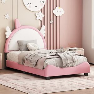 epinki cute twin size upholstered bed with headboard, platform bed with headboard and footboard, white pink, kids bed