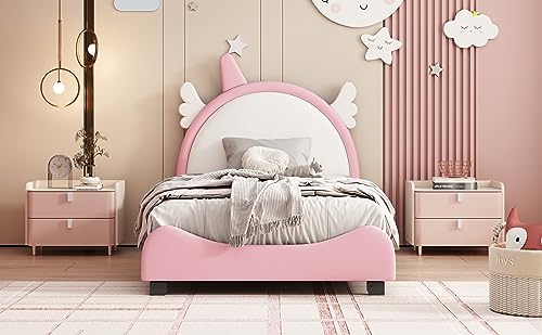 Epinki Cute Twin Size Upholstered Bed with Headboard, Platform Bed with Headboard and Footboard, White Pink, Kids Bed