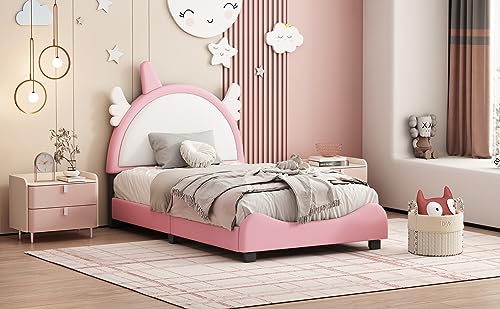 Epinki Cute Twin Size Upholstered Bed with Headboard, Platform Bed with Headboard and Footboard, White Pink, Kids Bed