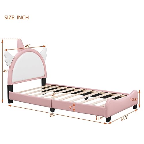 Epinki Cute Twin Size Upholstered Bed with Headboard, Platform Bed with Headboard and Footboard, White Pink, Kids Bed