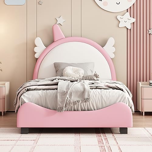 Epinki Cute Twin Size Upholstered Bed with Headboard, Platform Bed with Headboard and Footboard, White Pink, Kids Bed