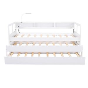 epinki twin xl wood daybed with 2 trundles, 3 storage cubbies, 1 light for free and usb charging design, white, kids bed
