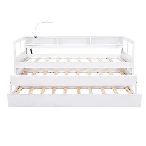 Epinki Twin XL Wood Daybed with 2 Trundles, 3 Storage Cubbies, 1 Light for Free and USB Charging Design, White, Kids Bed