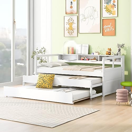 Epinki Twin XL Wood Daybed with 2 Trundles, 3 Storage Cubbies, 1 Light for Free and USB Charging Design, White, Kids Bed
