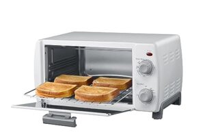 dominion 4 slice small toaster oven countertop, retro compact design, multi-function with 30-minute timer, bake, broil, toast, 1000 watts, 2-rack capacity, white