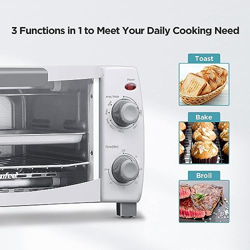 Dominion 4 Slice Small Toaster Oven Countertop, Retro Compact Design, Multi-Function with 30-Minute Timer, Bake, Broil, Toast, 1000 Watts, 2-Rack Capacity, White