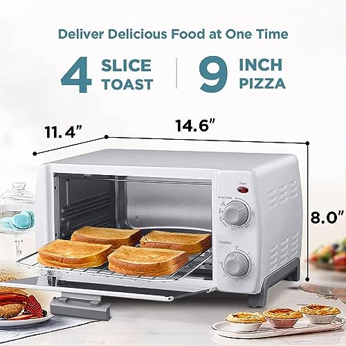 Dominion 4 Slice Small Toaster Oven Countertop, Retro Compact Design, Multi-Function with 30-Minute Timer, Bake, Broil, Toast, 1000 Watts, 2-Rack Capacity, White