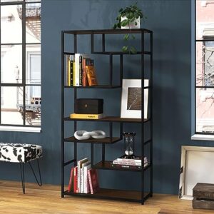 JMBNH 65 inches Tall Bookshelf Bookcase, 6-Tier Staggered Bookcase, Modern Freestanding Open Book Shelves, Wide Wood Shelving Unit Display Shelf for Living Room (Black&Walnut)