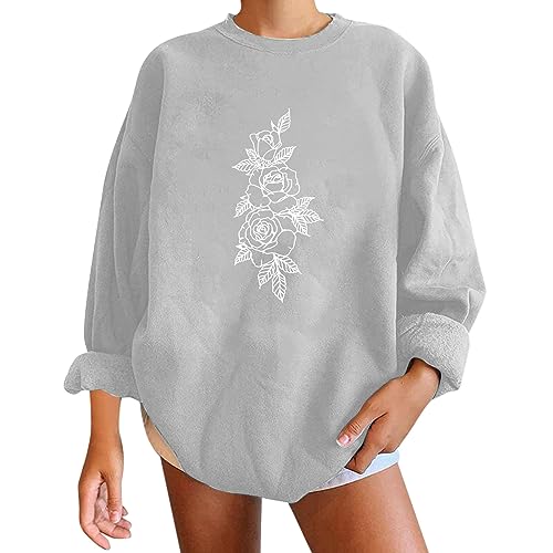 iHPH7 Womens 2023 Autumn Casual Oversized Long Sleeve Round Neck Blouses Loose Fit Pullover Dancing Skull Graphic Sweatshirt A-grey