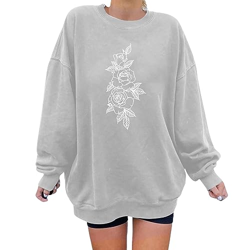 iHPH7 Womens 2023 Autumn Casual Oversized Long Sleeve Round Neck Blouses Loose Fit Pullover Dancing Skull Graphic Sweatshirt A-grey